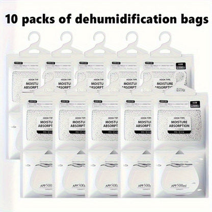 Hanging Moisture Absorber Bags 10-Pack, Dehumidifier Bags for Closet Wardrobe Bedroom Bathroom