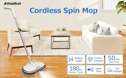 Cordless Electric Spin Mop with LED Headlight & Sprayer, 50-Min Runtime 6oz Water Tank, Floor Scrubber for Hardwood Tile Laminate Floors