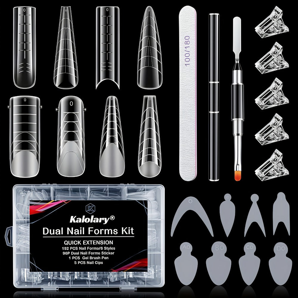 Poly Gel Nail Extension Form Kit – 192pcs Dual Forms, 96pcs Reusable Pads, 8 Shapes Acrylic Mold, Brush Pen