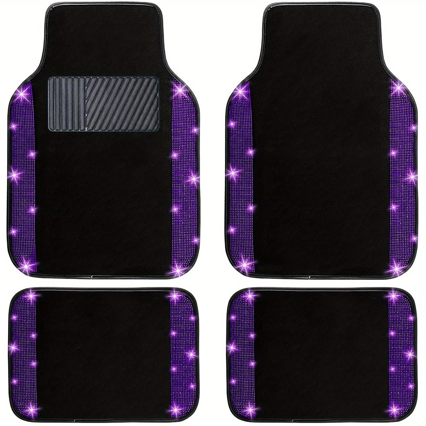 Rhinestone-Border Car Floor Mats, Four-Piece Black Carpet Set with Seven Accent Color Options