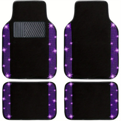 Rhinestone-Border Car Floor Mats, Four-Piece Black Carpet Set with Seven Accent Color Options