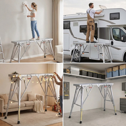 Aluminum Work Platform Height Adjustable Folding Portable Scaffold Bench Wide Base Safety Railing for Garden, Patio and Yard Use