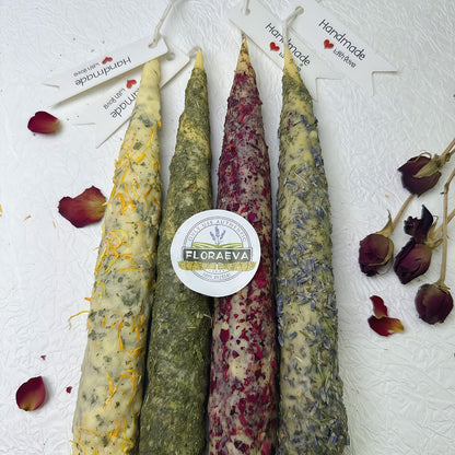 Handmade Herbal Scented Candles Set of 6, Dried Flower Pillar Candles, Sage Lavender Cedar Mint Rose Scents