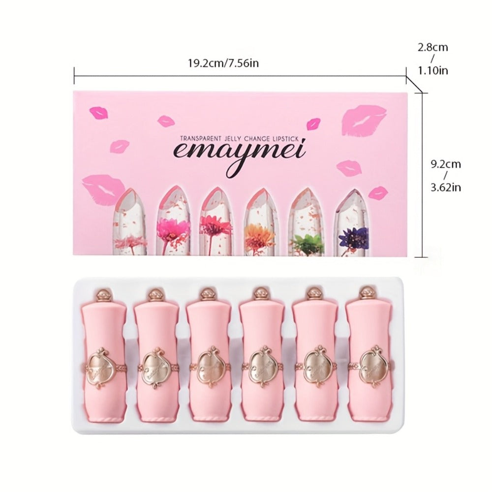 Lip Balm emaymei 6-Piece Flower Jelly Stick Set with Clear Gloss Texture and Pink Gift Box