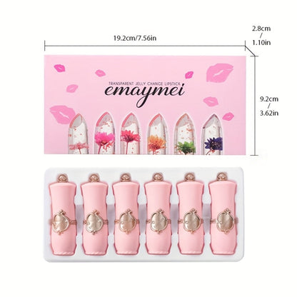Lip Balm emaymei 6-Piece Flower Jelly Stick Set with Clear Gloss Texture and Pink Gift Box