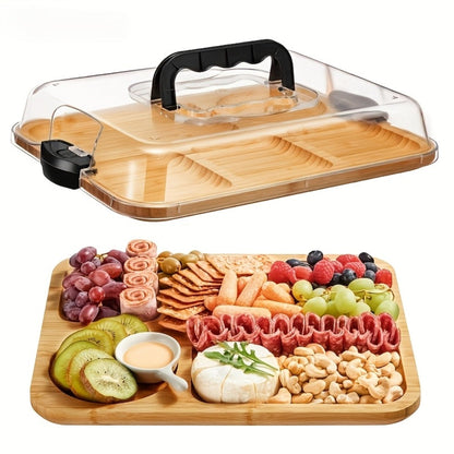 Bamboo Charcuterie Board with Acrylic Lid 8 Compartment, Portable Cheese Tray & Deli Platter with Snap-On Cover for Parties