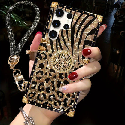 Leopard Print Samsung Galaxy Case Ring Holder Kickstand Anti-Drop Rectangular Cover for Galaxy S25 Ultra Plus S24 Ultra Plus FE S23 Ultra