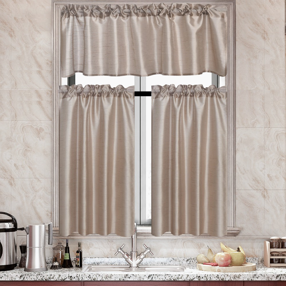 Three-Piece Faux Silk Window Curtain Set with Rod-Pocket Valance, Two 26 x 36-Inch Tiers and Eleven Colors