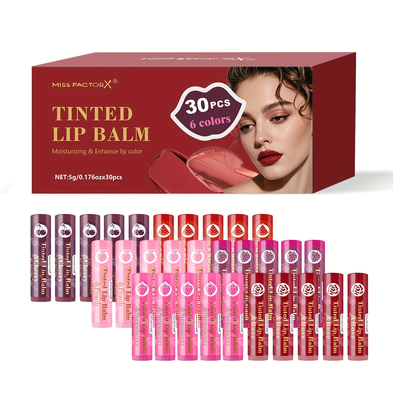 MISS FACTOR 30-Piece Tinted Lip Balm Set with Capped Tubes Organized into Six Color Groups