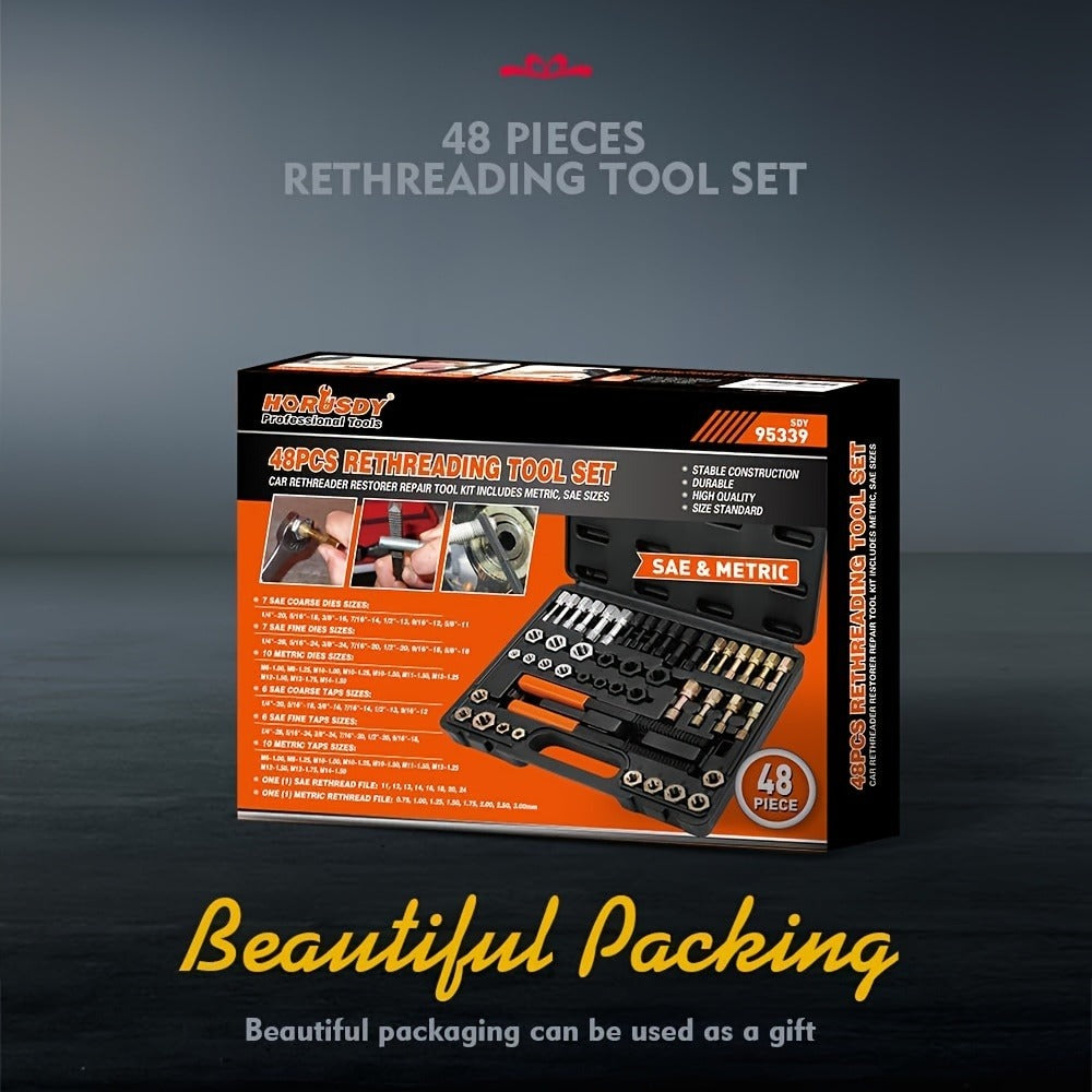 Thread Repair Kit 48-Piece – UNF UNC & Metric Tap and Die Rethreading Set, SAE & Metric Thread Chaser for Bolt & Nut Repair