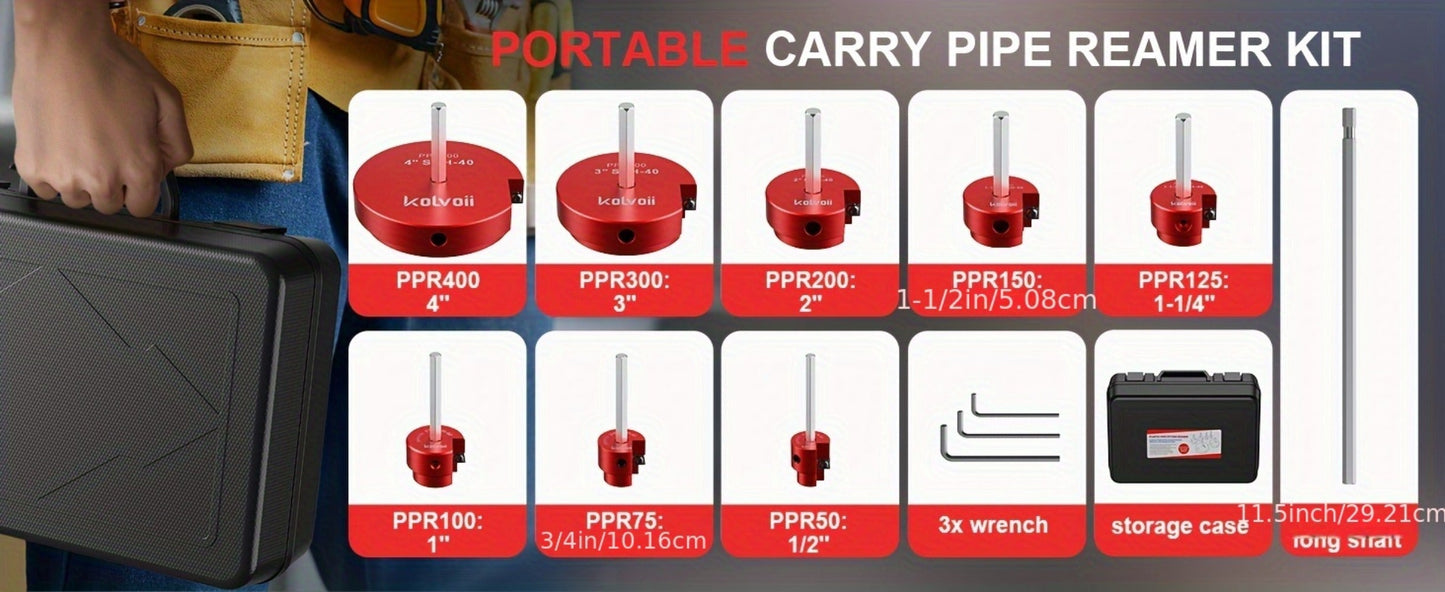 PVC Pipe Reamer Kit 8pcs – Fitting Saver for SCH 40 Plastic Pipe, Aluminum Alloy Body with 11.5" Hex Shaft