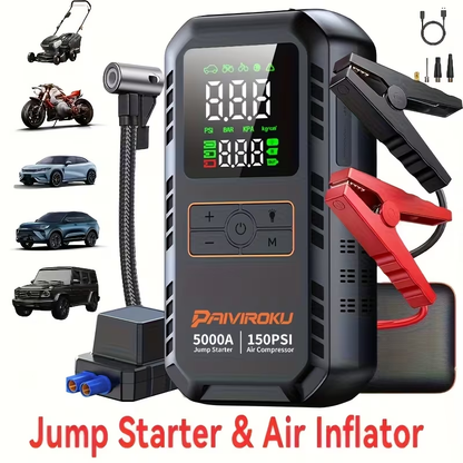 5000A Car Jump Starter with 150 PSI Digital Tire Inflator, 12V Clamps and 44.4Wh, 59.2Wh or 74Wh Options