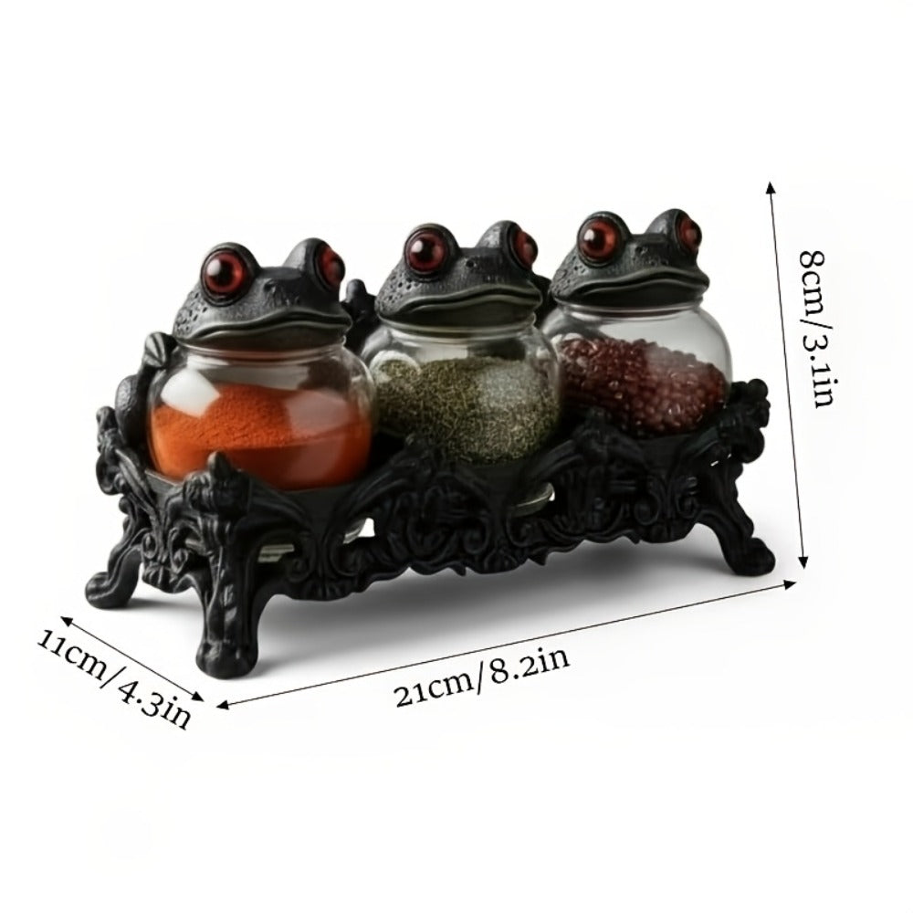Gothic Witch Frog Spice Jars Set of 3 with Engraved Bases & Spoon, Vintage Pharmacist Jars with Frog Lids for Dark Kitchen Decor