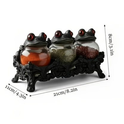Gothic Witch Frog Spice Jars Set of 3 with Engraved Bases & Spoon, Vintage Pharmacist Jars with Frog Lids for Dark Kitchen Decor
