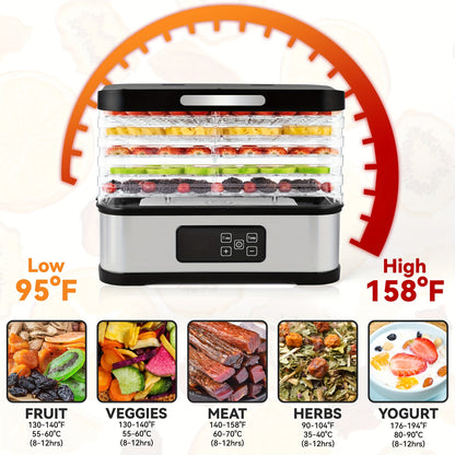 Five-Tray Stackable Food Dehydrator with 240W Heating, 95–158°F Control and Silver or Green Options