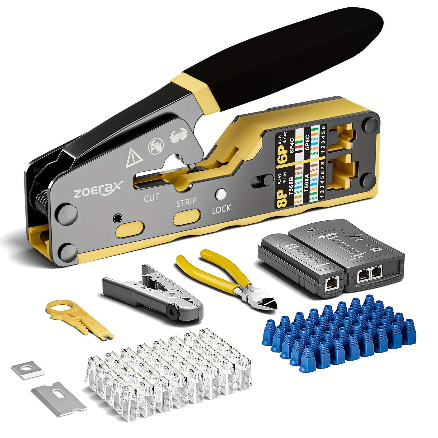 RJ45 Crimping Tool Kit Ethernet – CAT5/CAT5e/CAT6 Pass Through Crimper with Cable Tester, Wire Stripper, Pliers, Spare Blades