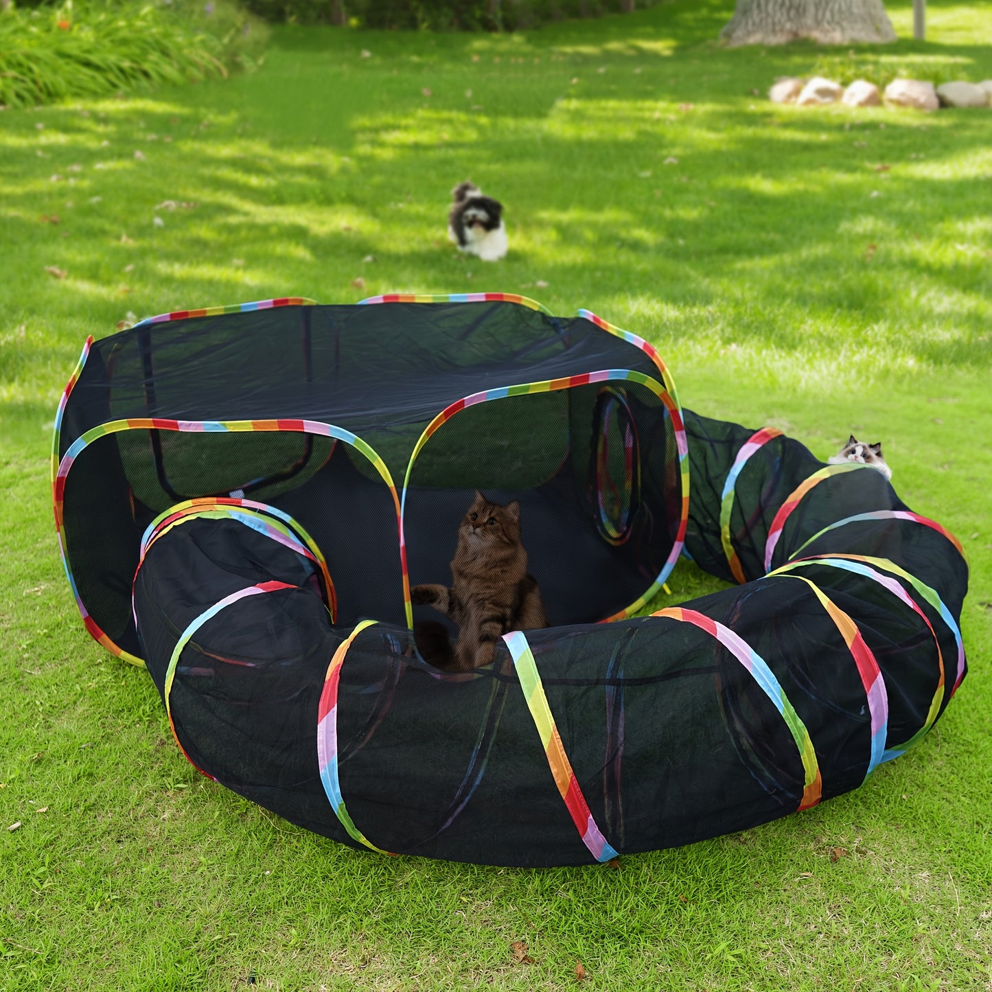Outdoor Cat Enclosure with Play Tunnel – Portable Catio Tent & Cat Playpen for Indoor Cats, Cage-Free Outside Cat Run with Enclosed Tunnel