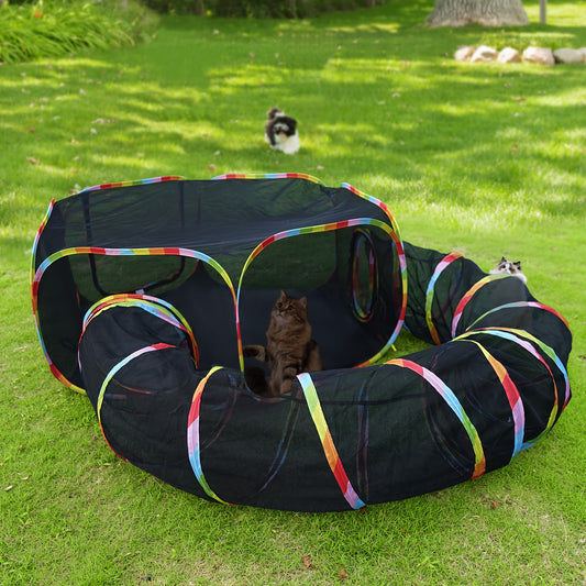 Outdoor Cat Enclosure with Play Tunnel – Portable Catio Tent & Cat Playpen for Indoor Cats, Cage-Free Outside Cat Run with Enclosed Tunnel