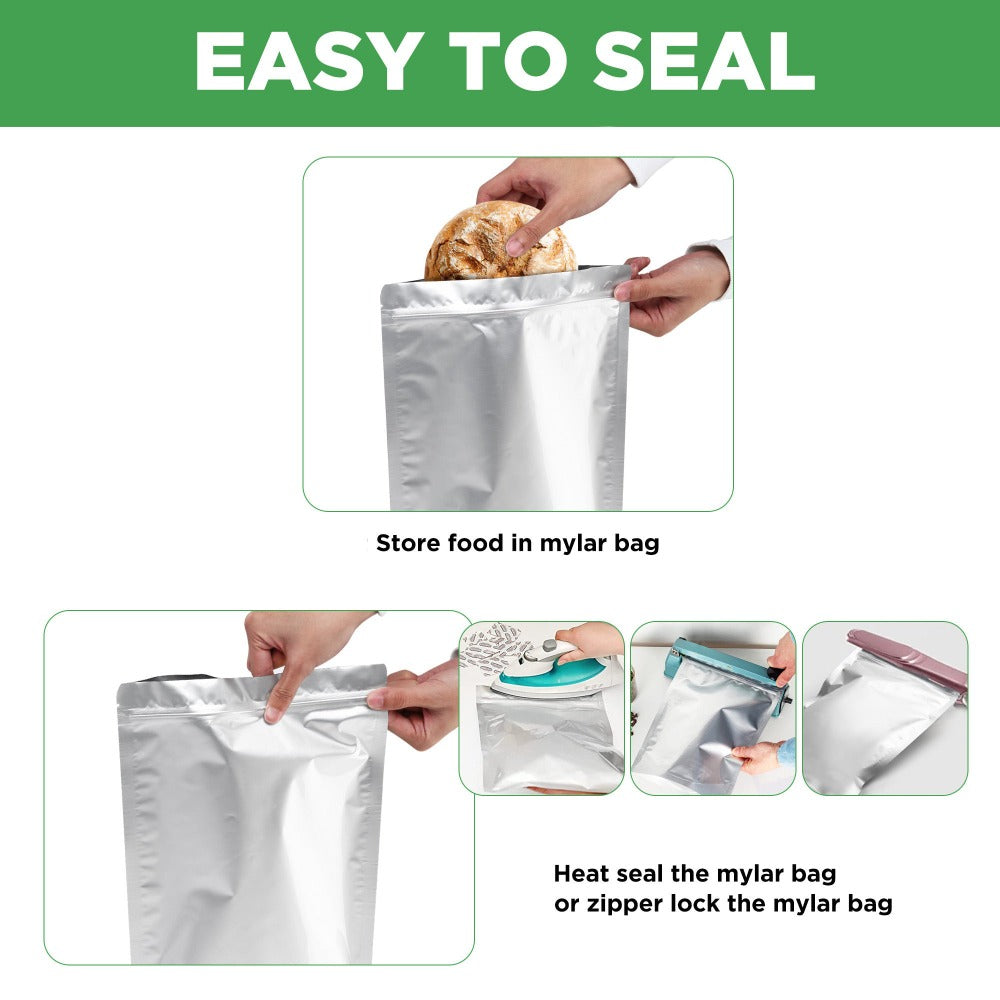 Mylar Bags for Food Storage 1 Gallon 10 Mil Thick, Resealable Zipper & Heat Seal, 40pcs or 100pcs with Label Stickers