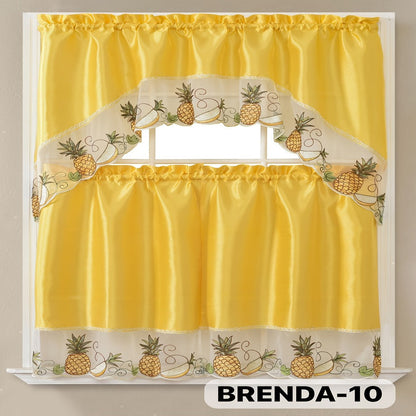 Kitchen Curtains 3 Piece Set Embroidered Satin Valance and Tiers – Rod Pocket Light Filtering Machine Washable 46 Colors