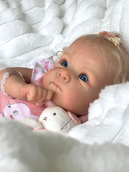 Reborn Baby Doll 16-Inch Cloth Body with Rooted Blonde Hair, Open Eyes, Pink Romper and Pacifier Set