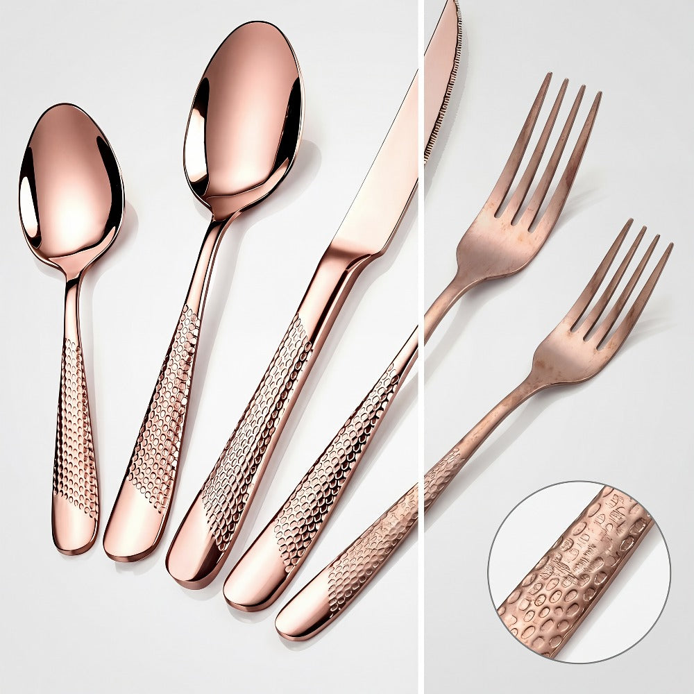 40- or 48-Piece Hammered-Handle Flatware Set in Rose Gold or Silver with Option-Specific Knives
