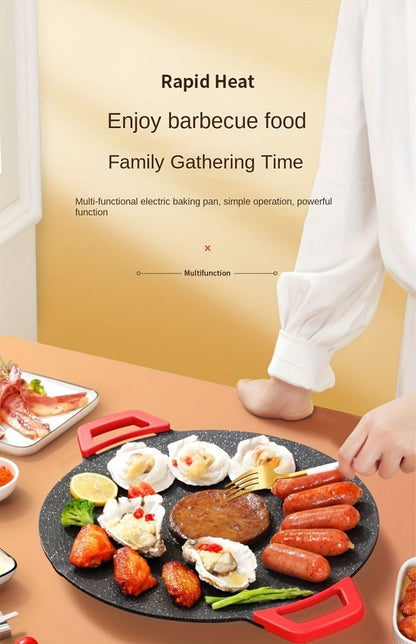 Korean BBQ Grill Pan, Round Non-Stick Multi-Functional Electric Grill Pan with Red Handle & Adjustable Settings