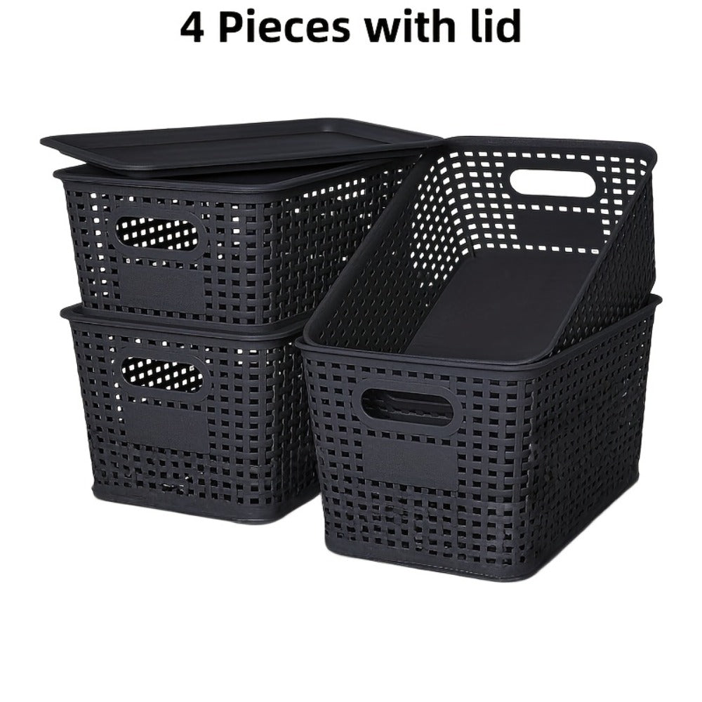 Shelf Storage Organizer Bins with Lids 4 or 8 Pack, Stackable 10 x 7 x 4 Inch Boxes in Four Colors