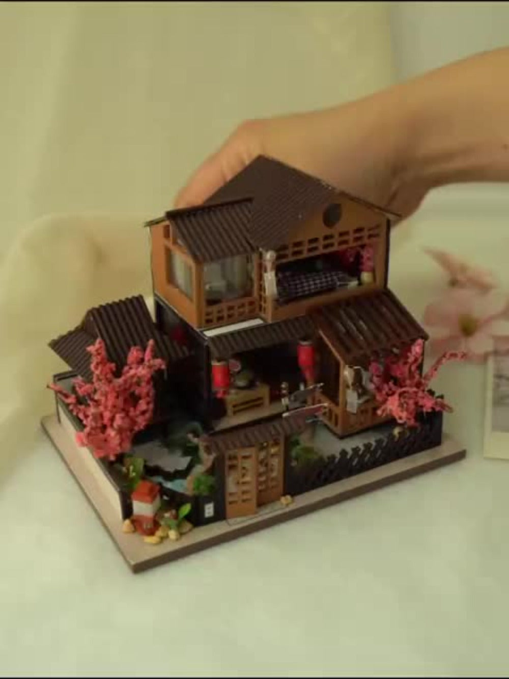 DIY Miniature House Kit, Sakura Garden Villa Wooden Dollhouse with Full Furniture & Accessories, Japanese Cherry Blossom Style
