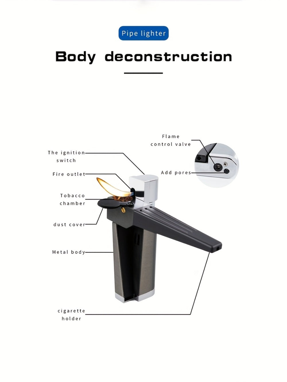 Folding Pipe Lighter Refillable 2-in-1 with Adjustable Flame, Metal-Crafted Durable Design, Gift Box Included