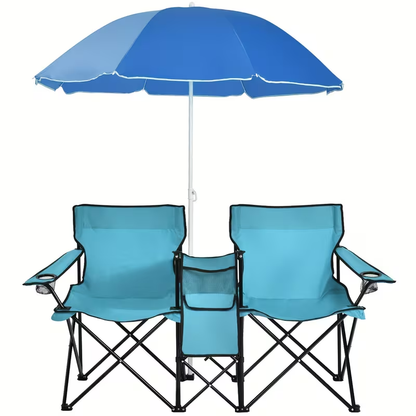 Folding Picnic Chair Set for 2, Umbrella, Cooler Bag & Table, 600 Lbs Capacity, Portable, for Camping, Travel and Outdoor Use