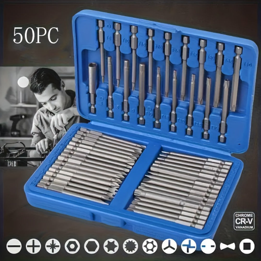 Magnetic Screwdriver Bits Set 50pcs – 75mm Extended Security Bits, 1/4" Hex Shank, Torx Star Hex Spline, for Power Drills & Hand