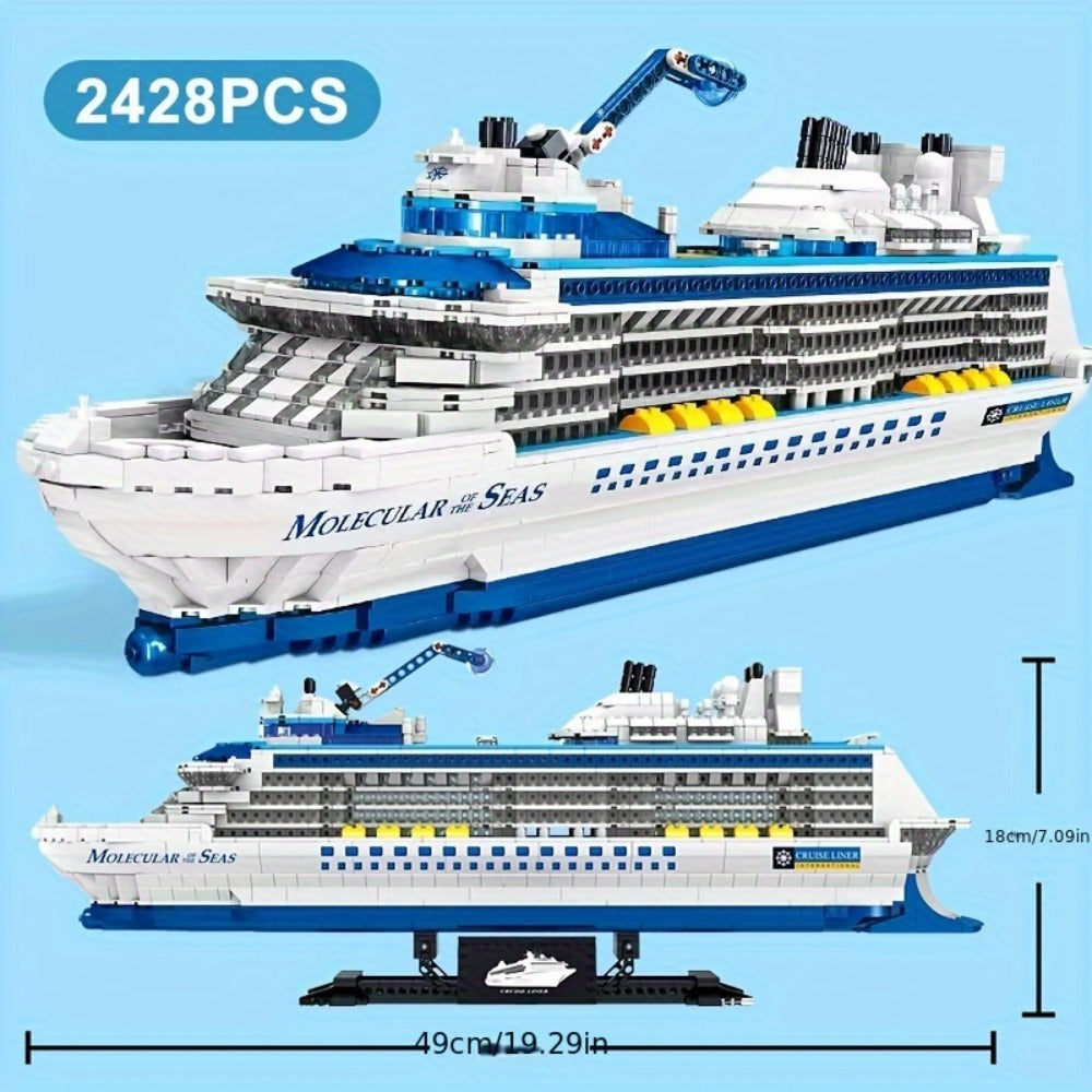 Cruise Ship Building Block Model with 2, 428 Pieces, Display Stand, Support Frame and Detailed Deck Features
