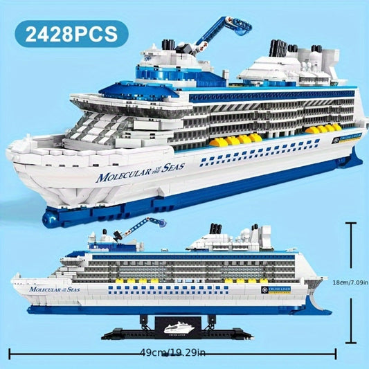 Cruise Ship Building Block Model with 2, 428 Pieces, Display Stand, Support Frame and Detailed Deck Features