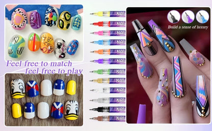 Nail Art Pens 12 Colors Quick Dry 3D Graffiti & Detail Brush Set – Ultra-Fine Precision Drawing Pen Kit for DIY Nail Design