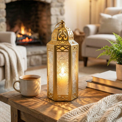 Moroccan Candle Lantern Holder - Decorative Metal & Glass Lantern with Embossed Floral Design for Indoor Home Decor
