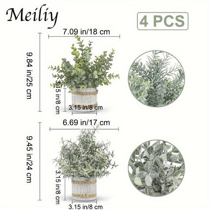 Mini Artificial Potted Plants 4 Pack, Realistic Fake Greenery in White Pots for Home, Office & Party Decor