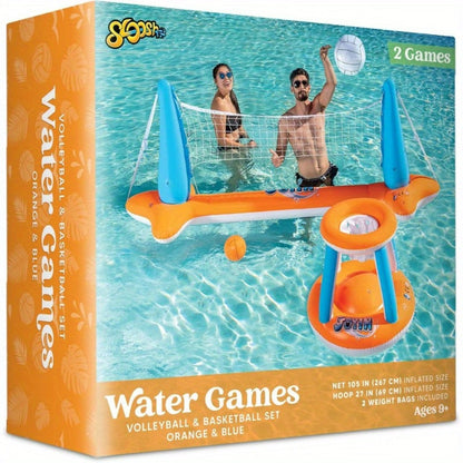 Inflatable Pool Game Set for Kids & Adults, Volleyball Net Court & Basketball Hoops with Balls