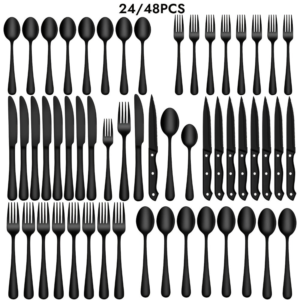 Serrated Steak Knife Dining Set with Six-Piece Place Settings, 24 or 48 Utensils in Silver or Black