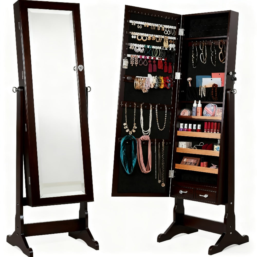 Jewelry Armoire Floor Standing 47.2" Full-Length Mirror Cabinet with 6 LED Lights Dual Lock