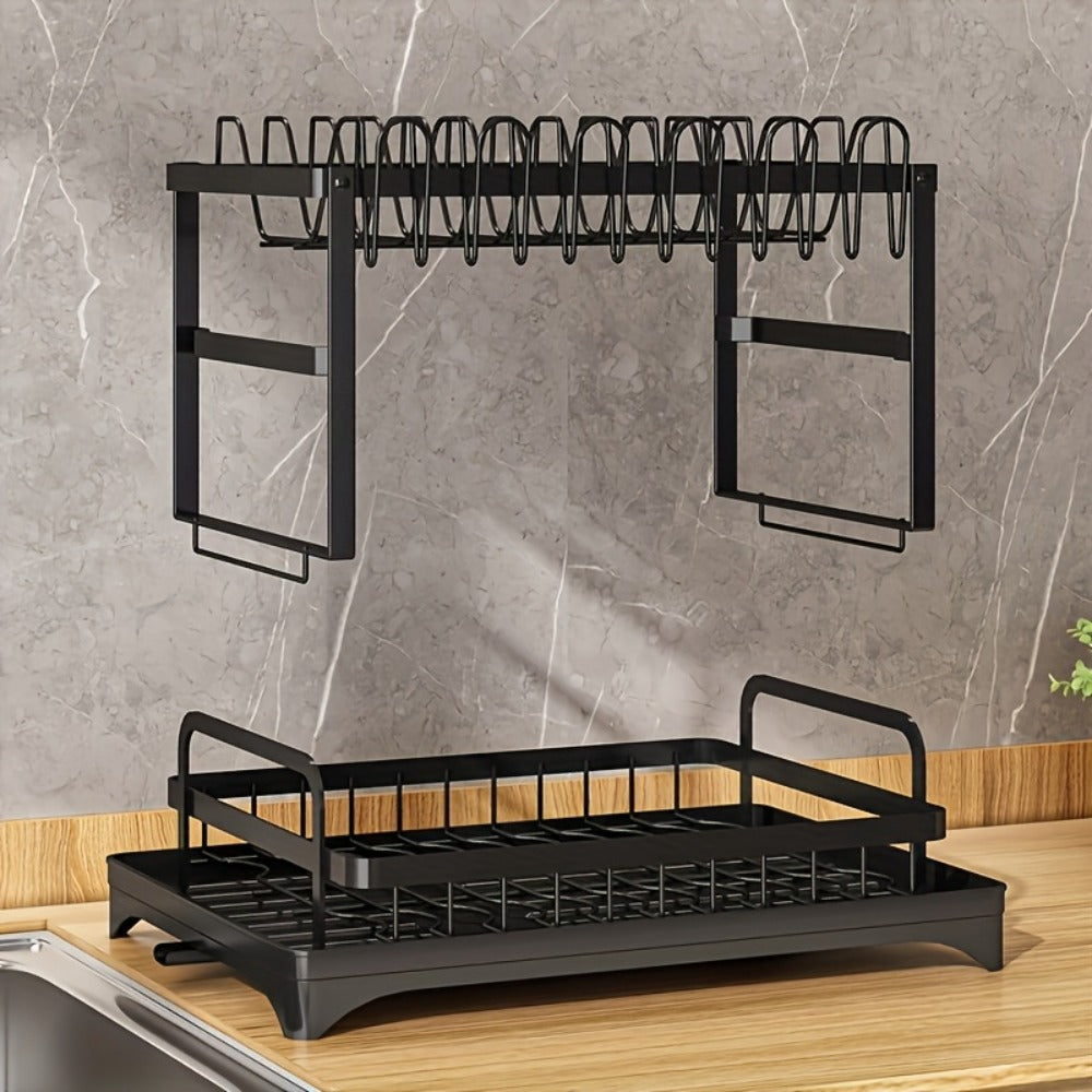 2-Layer Dish Drying Rack Kitchen Countertop Organizer – Dish Drain Rack with Knife Holder, Cup Rack & Cutlery Holder for Bowls