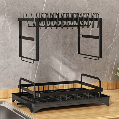 2-Layer Dish Drying Rack Kitchen Countertop Organizer – Dish Drain Rack with Knife Holder, Cup Rack & Cutlery Holder for Bowls
