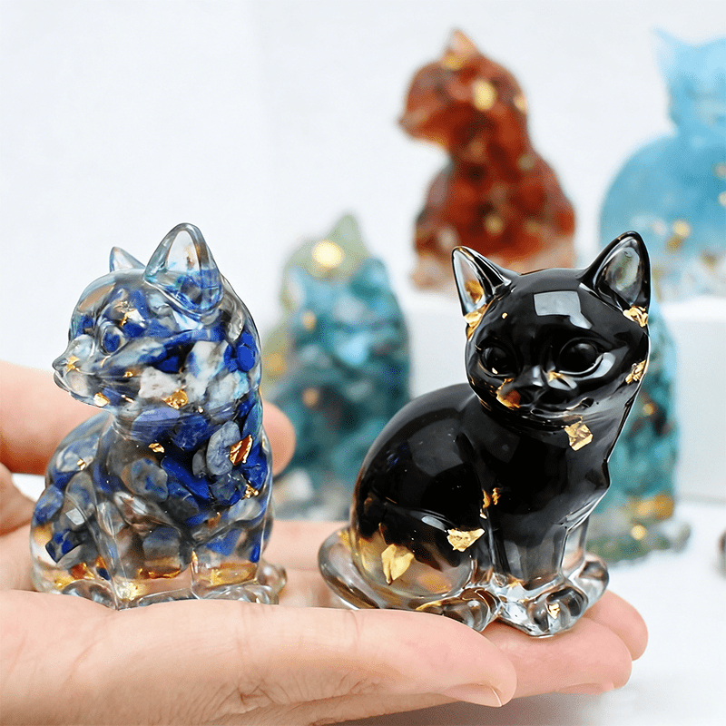 Standing Cat Figurine Set with Eight Crystal-Resin Figures in Random Mixed Colors, Approximately 4cm High