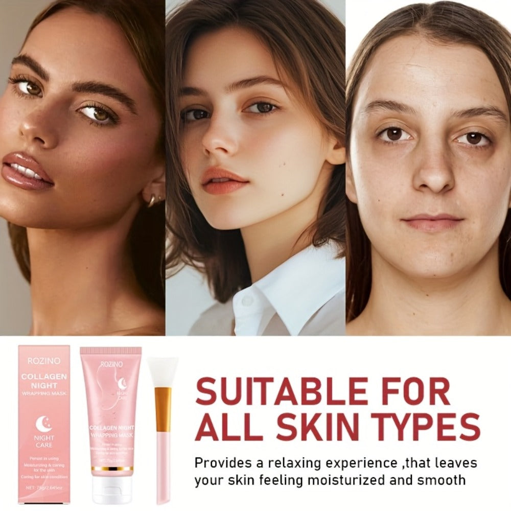 Face Mask, ROZINO Collagen Night Wrapping Formula, 75g or 2.645oz Tube with Application Brush