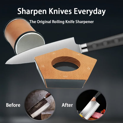 Rolling Knife Sharpener with Two-Angle or Five-Sided Magnetic Base Options in Wood Finish Design