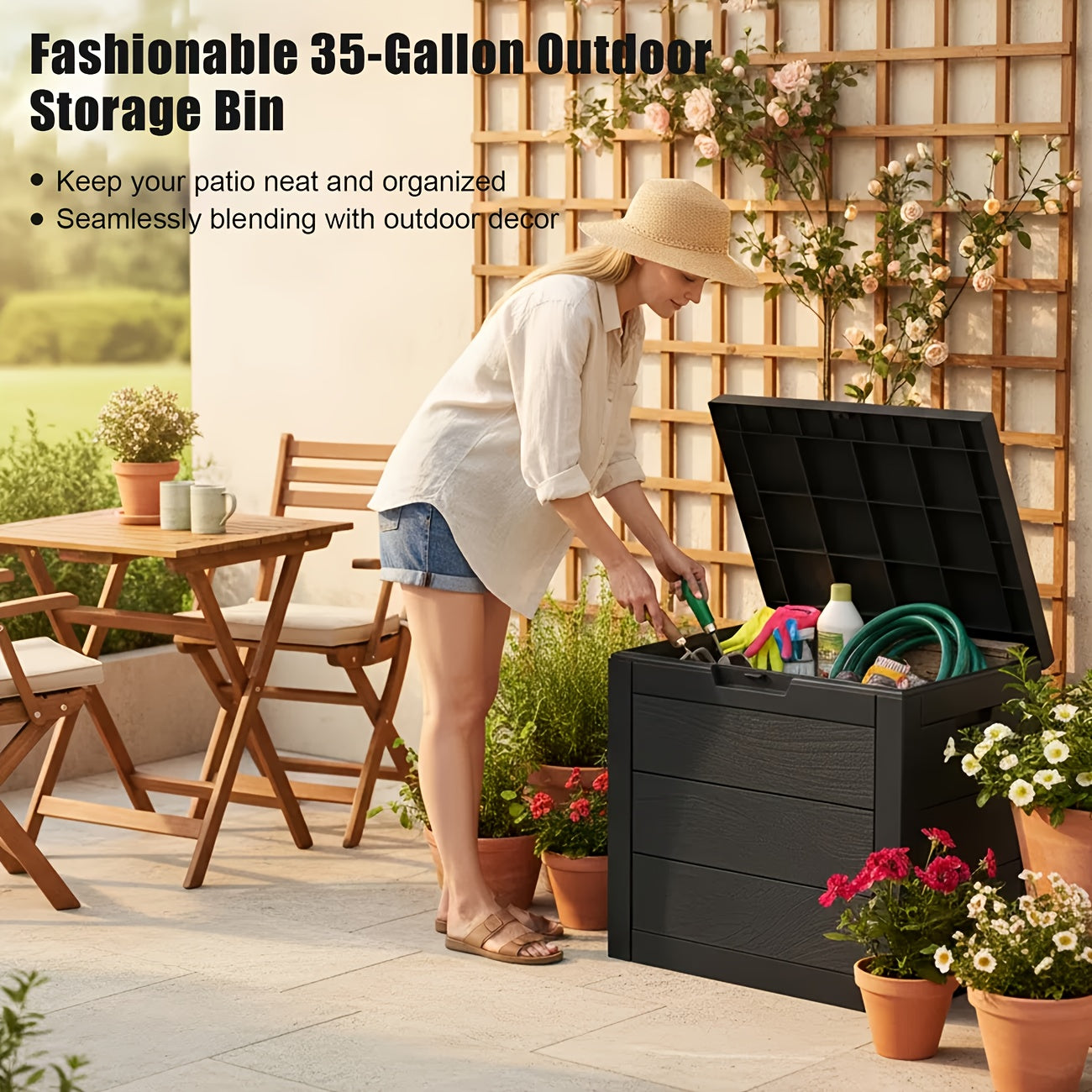 Deck Box Flip Top Resin Secure Lid | Patio Pool Backyard Cushion Garden
