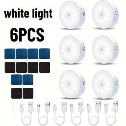 Night Light Motion Sensor 8-LED Puck Set with USB Rechargeable Power, Warm or White Light in 6- and 12-Piece Packs
