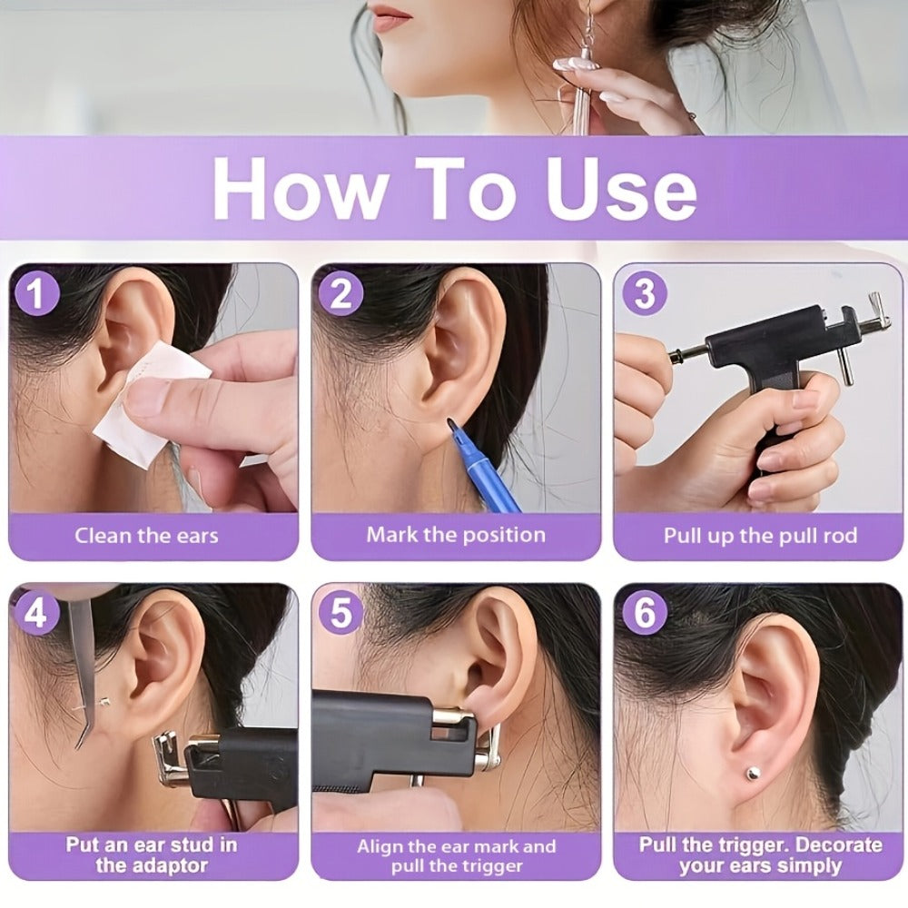 Ear Piercing Gun Kit 37pcs Professional Set, 24 Stainless Steel Earrings, 12 Crown Earrings