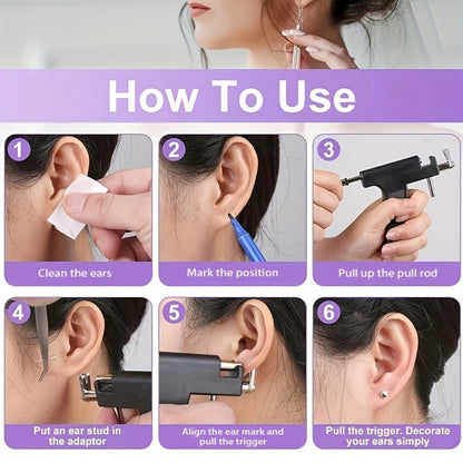 Ear Piercing Gun Kit 37pcs Professional Set, 24 Stainless Steel Earrings, 12 Crown Earrings