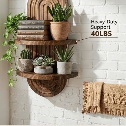 Two-Tier Bohemian Rainbow Arch Floating Wall Shelf in Log Color with Solid-Wood Display Platforms